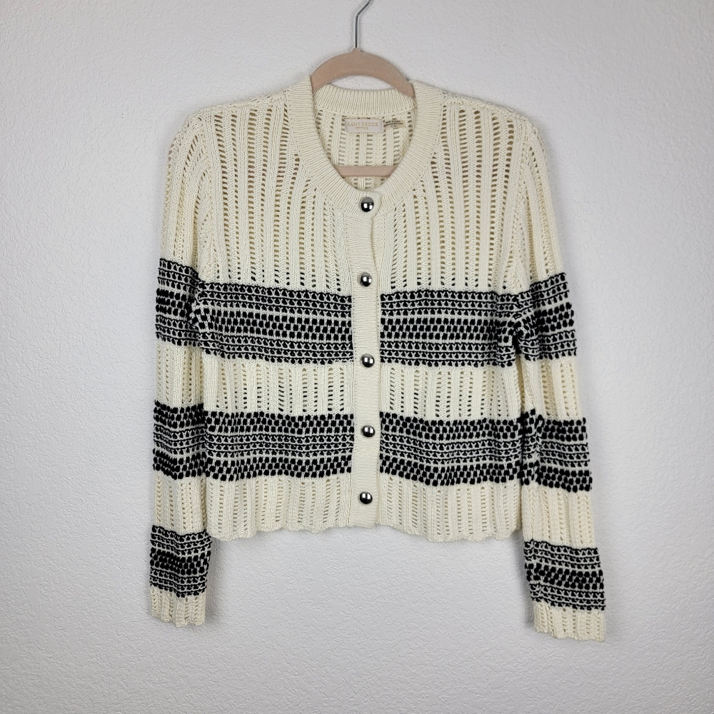 Ramy Brook Sarah Striped Cardigan Knitted Black White Buttons XL - Picture 5 of 11